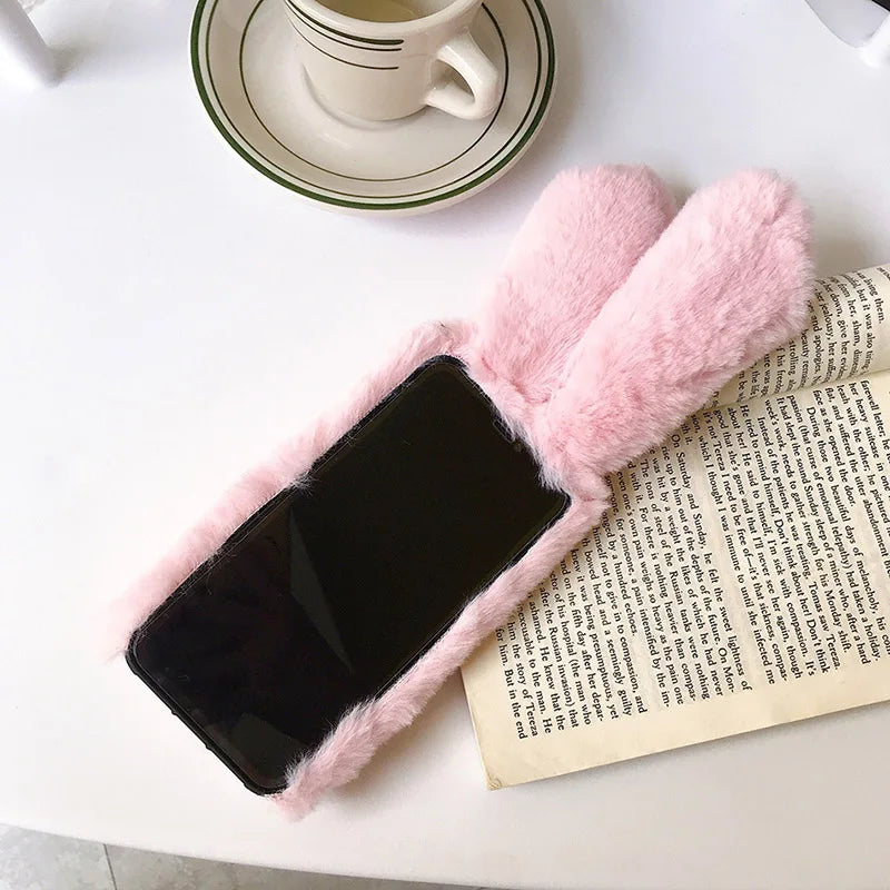 Plush Rabbit Furry Phone Case – Cute Warm Fluffy Cover