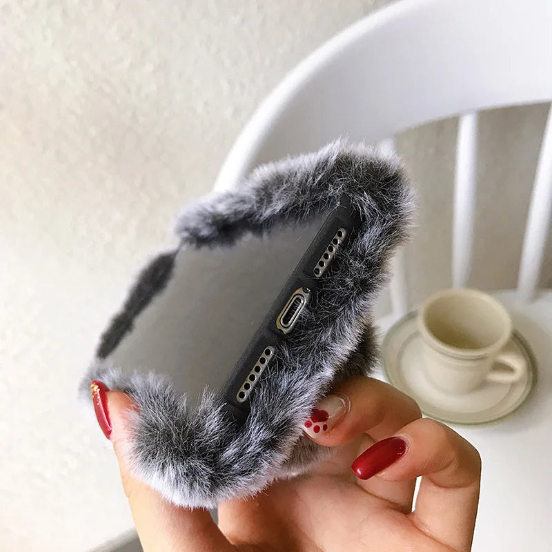 Plush Rabbit Furry Phone Case – Cute Warm Fluffy Cover