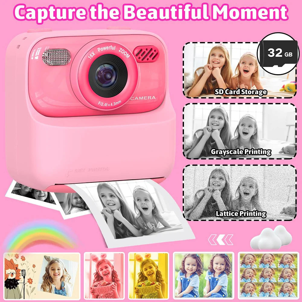 Kids Instant Print Camera 1080P – Dual Lens with 32GB SD Card