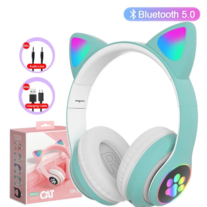 Cute Cat Ears Bluetooth Headphones – LED Light Kids Gift