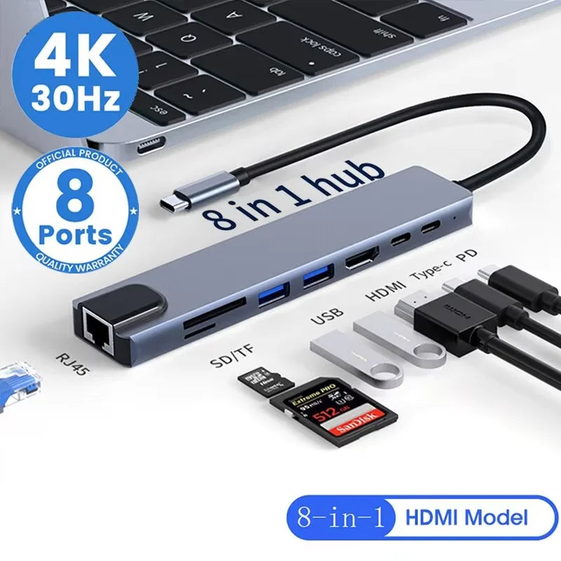 8-in-1 USB-C Hub Adapter – 4K HDMI, SD/TF, RJ45 & PD Fast Charge