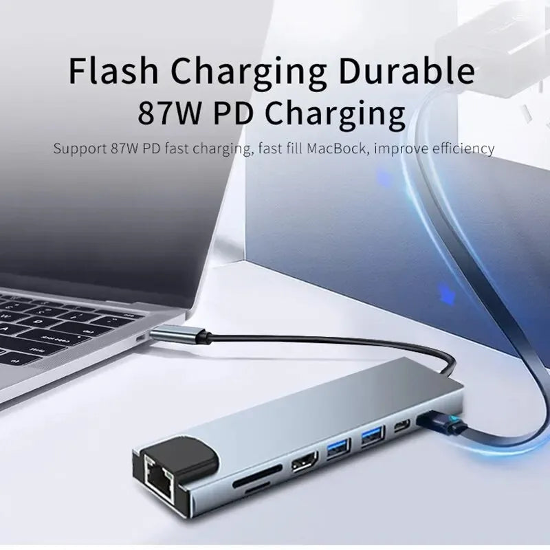 8-in-1 USB-C Hub Adapter – 4K HDMI, SD/TF, RJ45 & PD Fast Charge