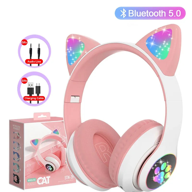 Cute Cat Ears Bluetooth Headphones – LED Light Kids Gift