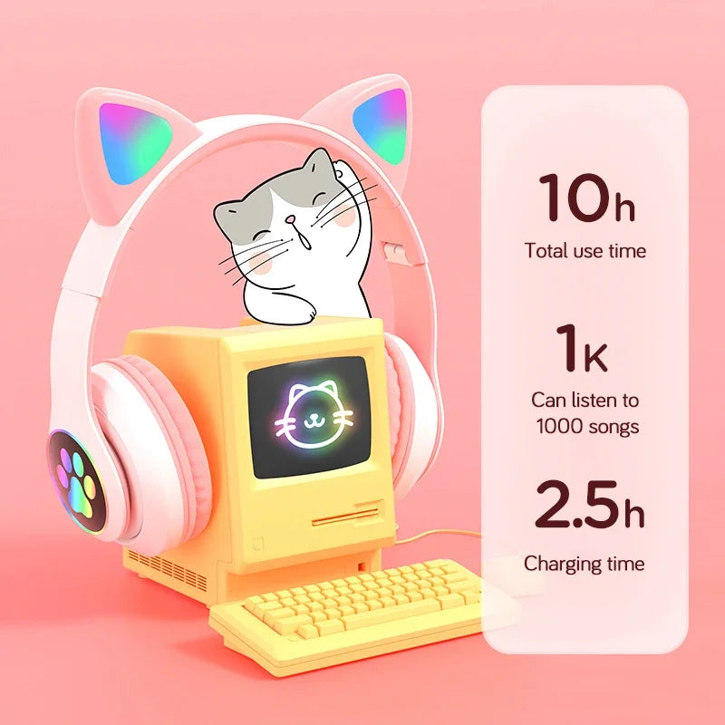 Cute Cat Ears Bluetooth Headphones – LED Light Kids Gift
