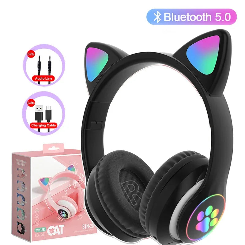 Cute Cat Ears Bluetooth Headphones – LED Light Kids Gift