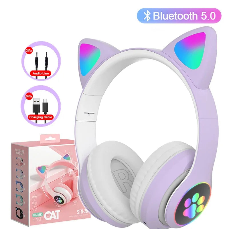 Cute Cat Ears Bluetooth Headphones – LED Light Kids Gift