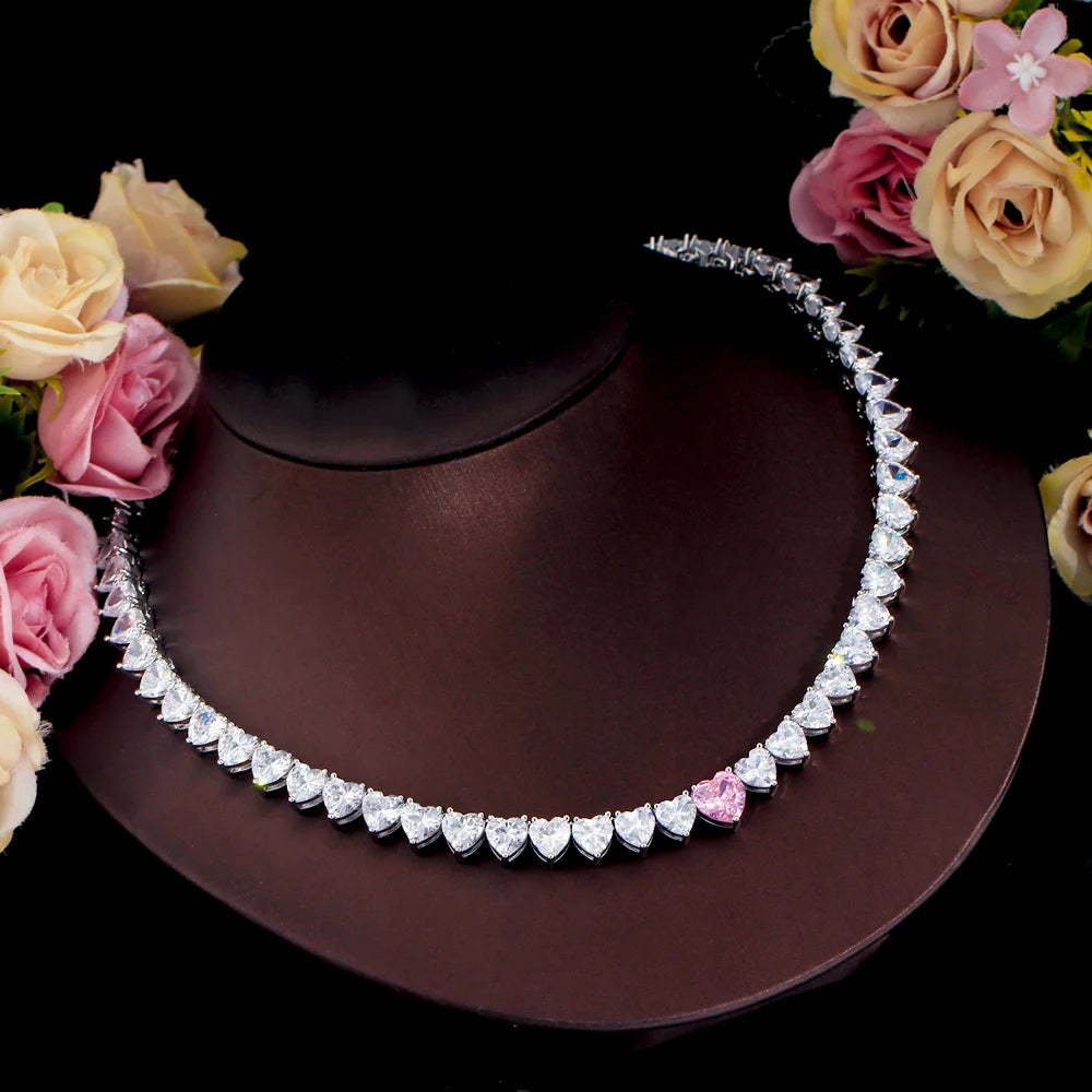 Kim Pink Heart CZ Tennis Necklace