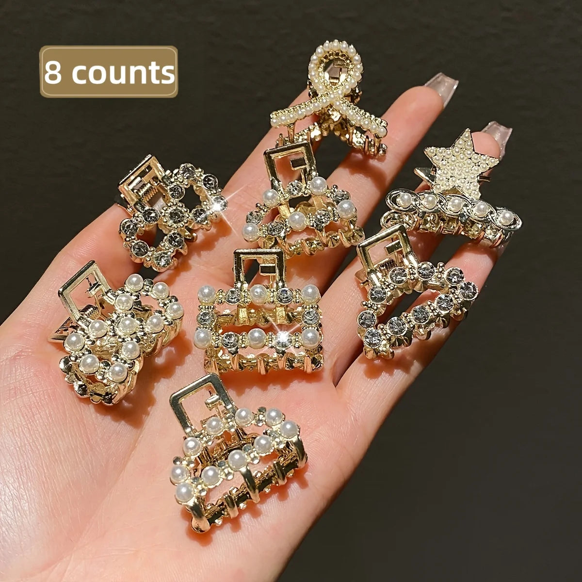 Elegant Pearl & Crystal Hair Clips – 8 Piece Set