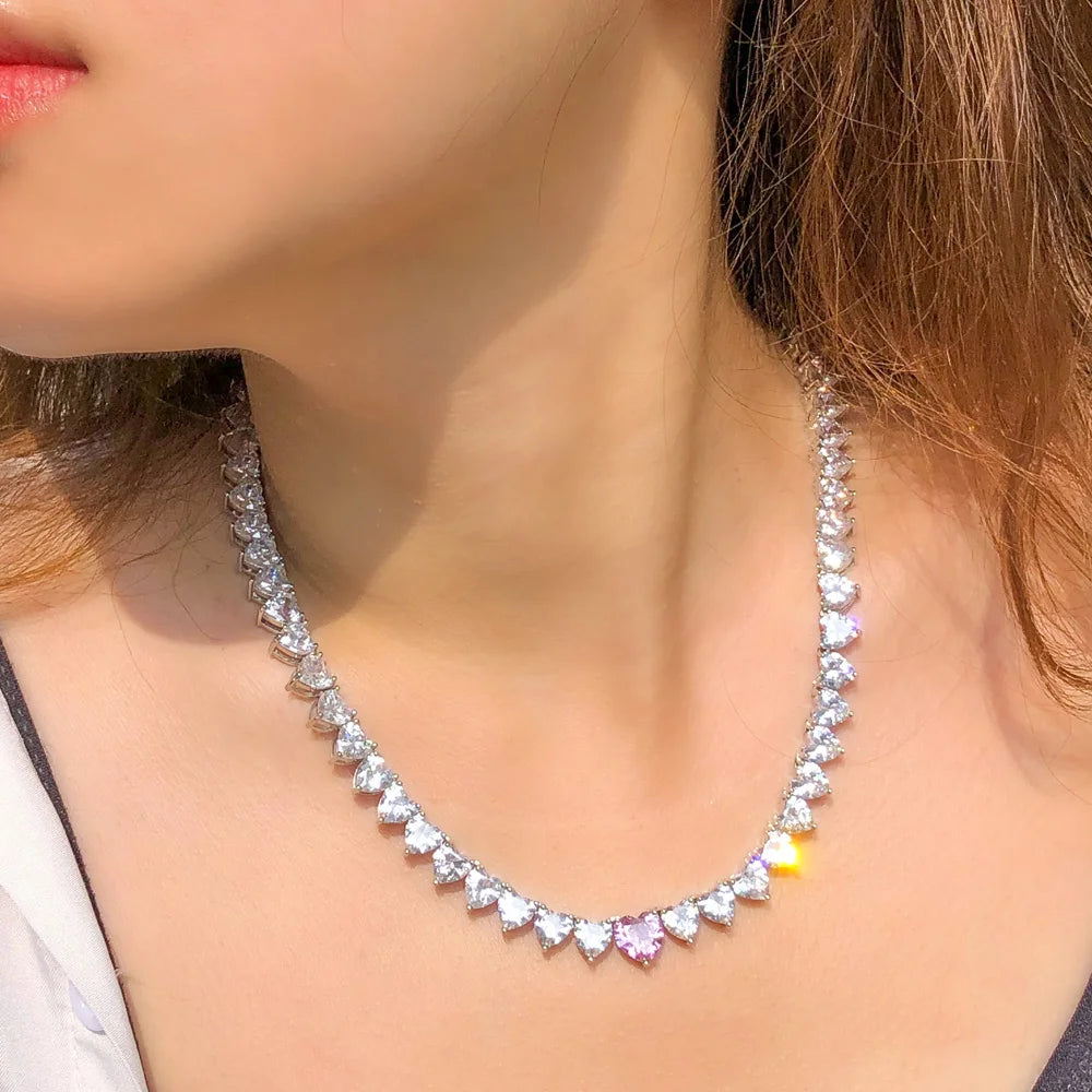 Kim Pink Heart CZ Tennis Necklace