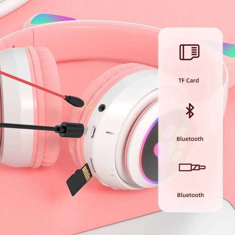 Cute Cat Ears Bluetooth Headphones – LED Light Kids Gift