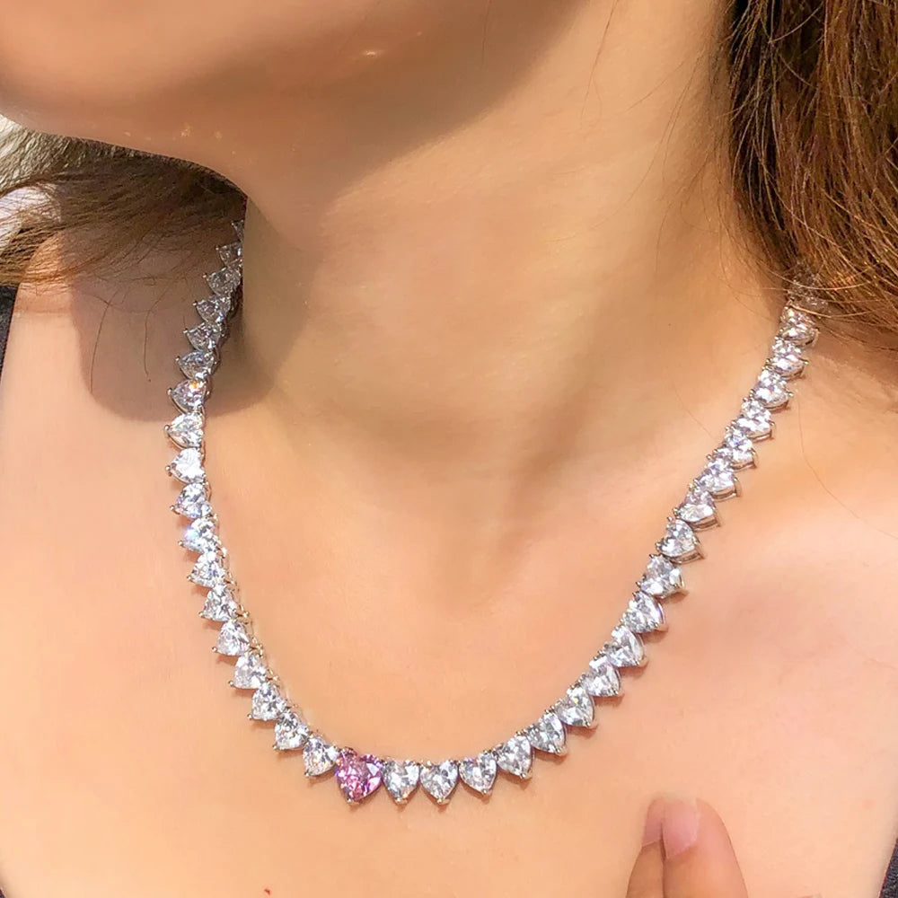 Kim Pink Heart CZ Tennis Necklace