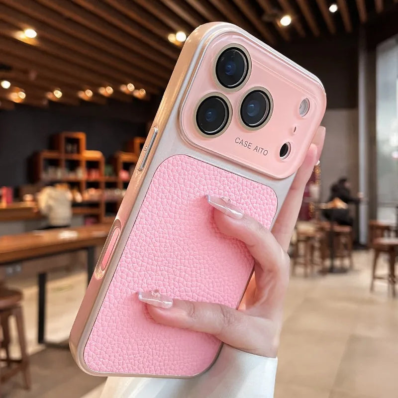 Luxury Litchi Leather Armor Case – Large Window Plated Cover