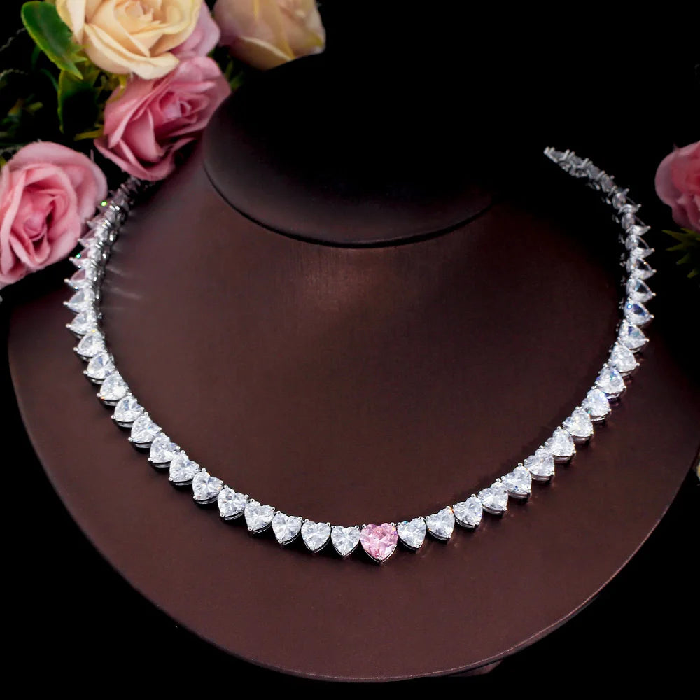 Kim Pink Heart CZ Tennis Necklace