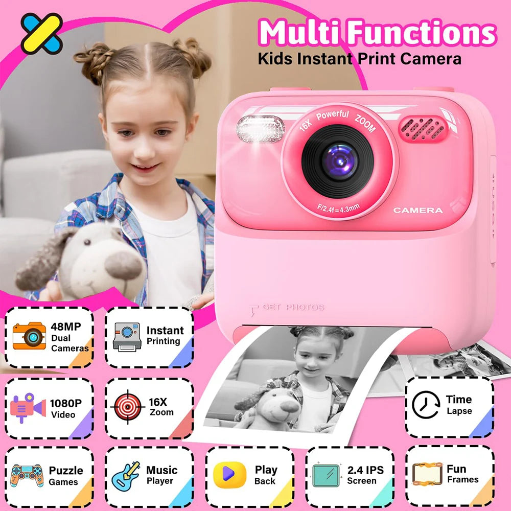 Kids Instant Print Camera 1080P – Dual Lens with 32GB SD Card