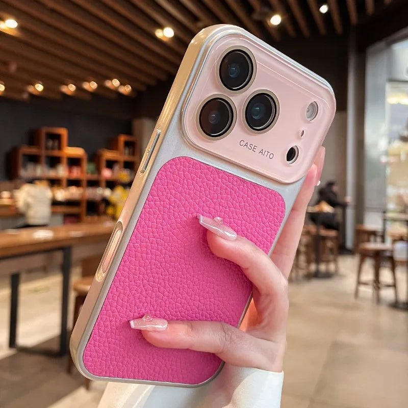 Luxury Litchi Leather Armor Case – Large Window Plated Cover