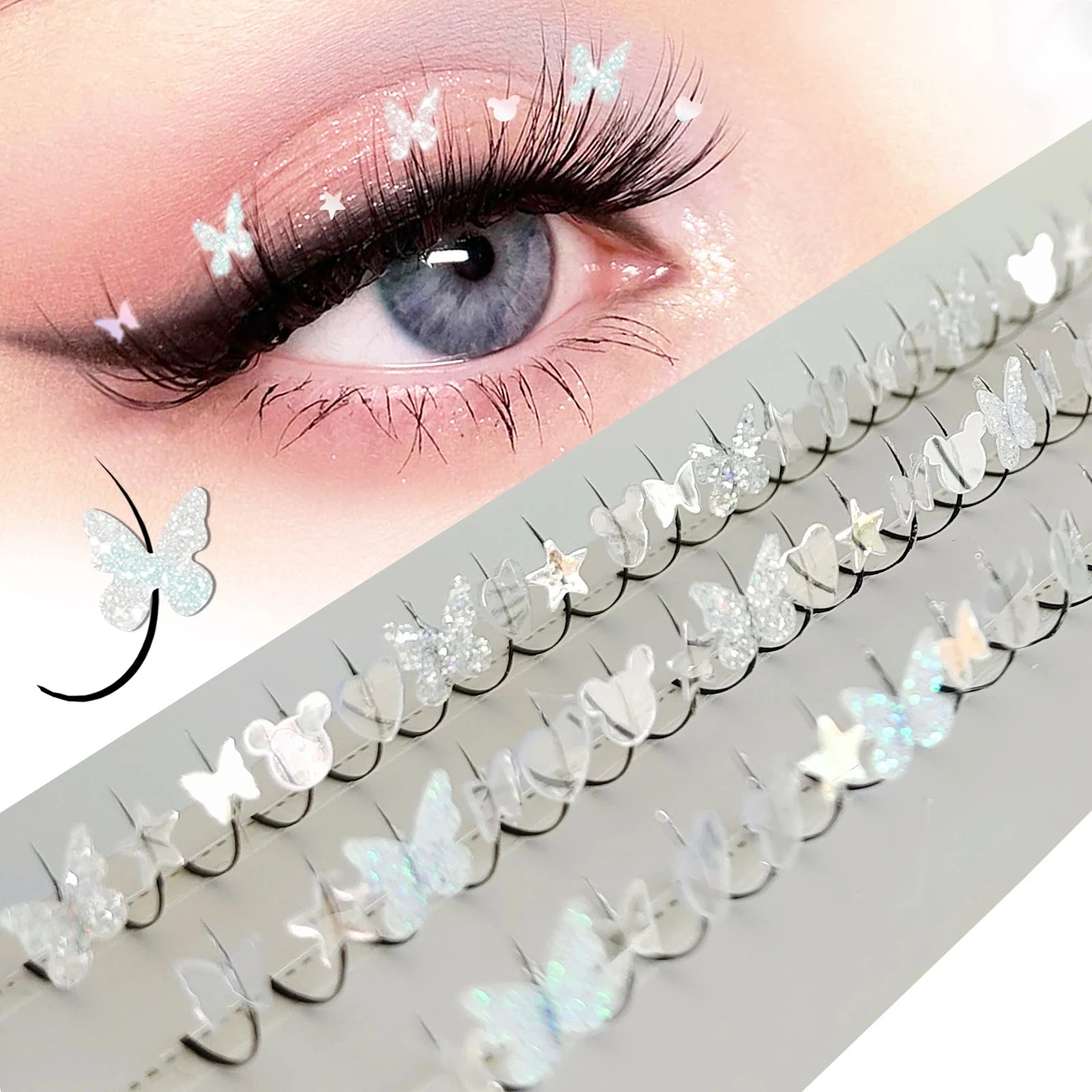 Butterfly Glitter Festival Lashes – Silvery Fairy Star Eyelashes (10–15mm)