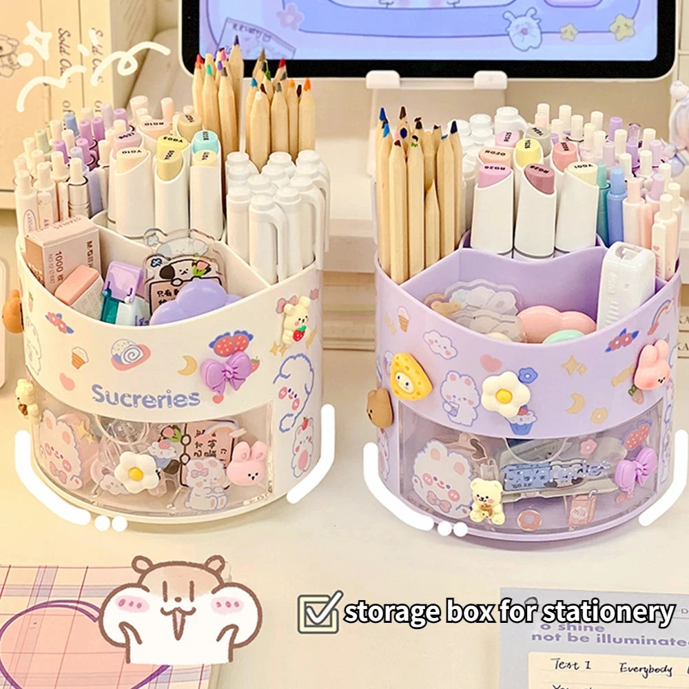 Rotating Kawaii Desk Organizer – Cute Pen Holder with Drawer