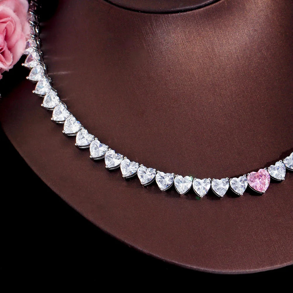 Kim Pink Heart CZ Tennis Necklace