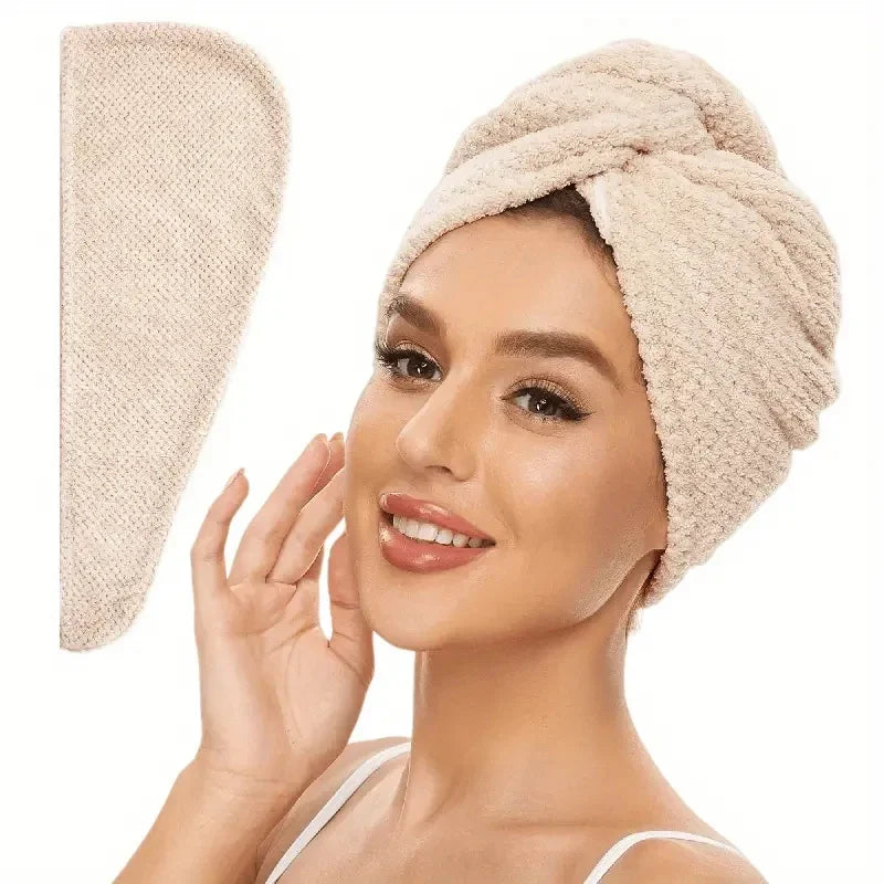 Quick-Dry Microfiber Hair Towel Wrap – Soft Absorbent Button Hair Cap