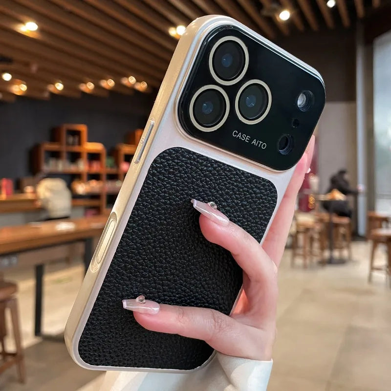 Luxury Litchi Leather Armor Case – Large Window Plated Cover