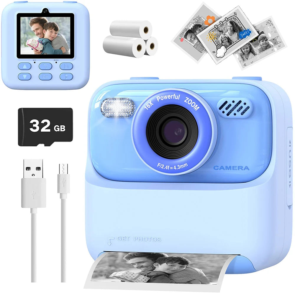 Kids Instant Print Camera 1080P – Dual Lens with 32GB SD Card