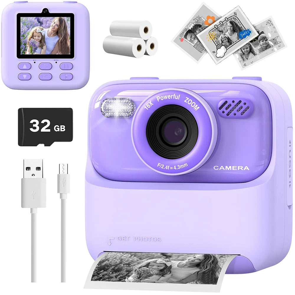 Kids Instant Print Camera 1080P – Dual Lens with 32GB SD Card