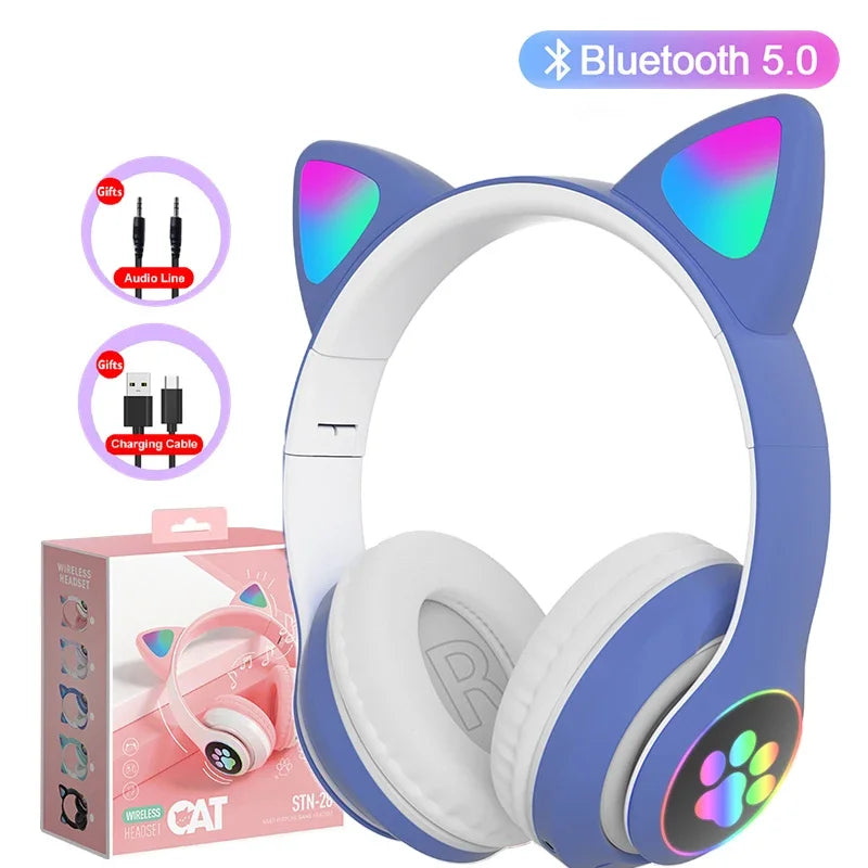 Cute Cat Ears Bluetooth Headphones – LED Light Kids Gift