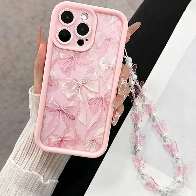 Pink Bow Silicone Phone Case – Butterfly Charm Cover