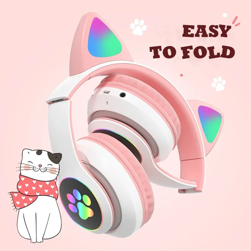 Cute Cat Ears Bluetooth Headphones – LED Light Kids Gift