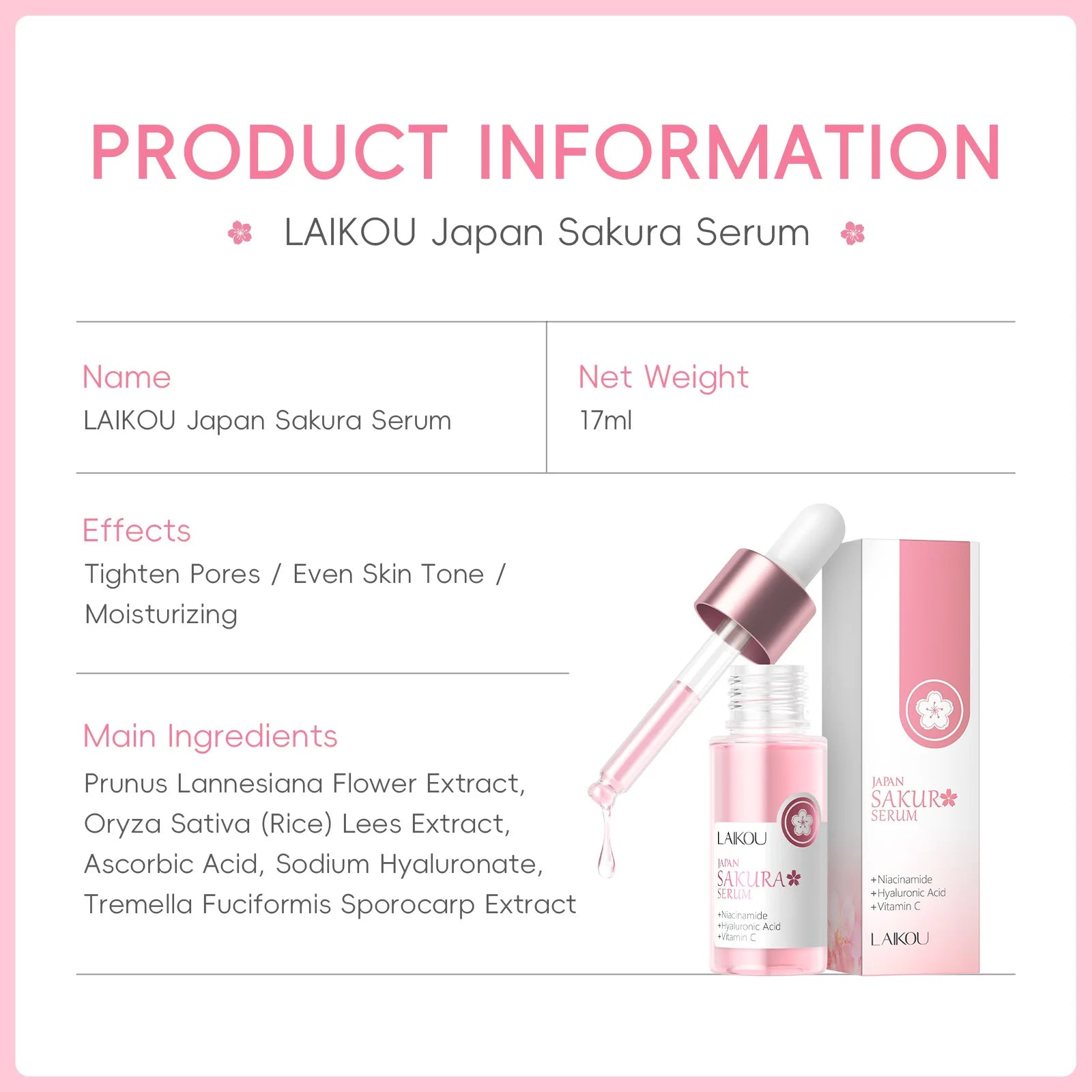 LAIKOU Sakura Brightening Face Serum – Hydrating & Pore Refining Essence (17ml / 30ml)