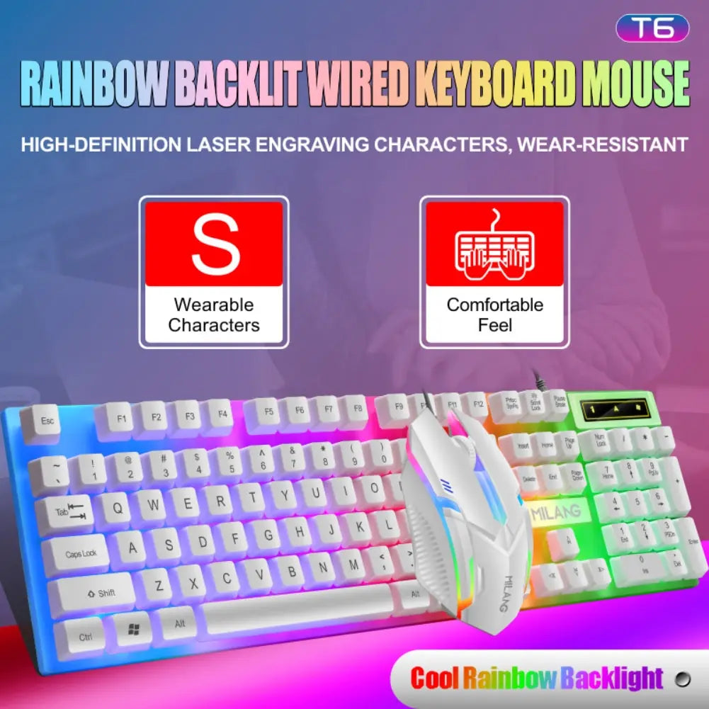 Rainbow Backlit Wired Keyboard & Mouse Combo – Comfortable Office Set