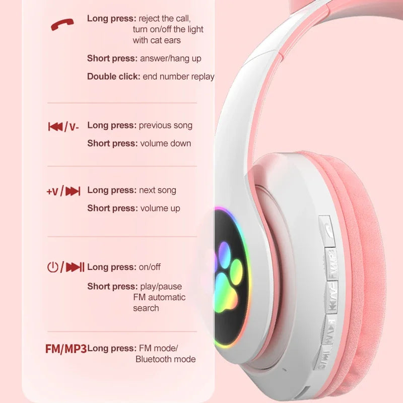 Cute Cat Ears Bluetooth Headphones – LED Light Kids Gift