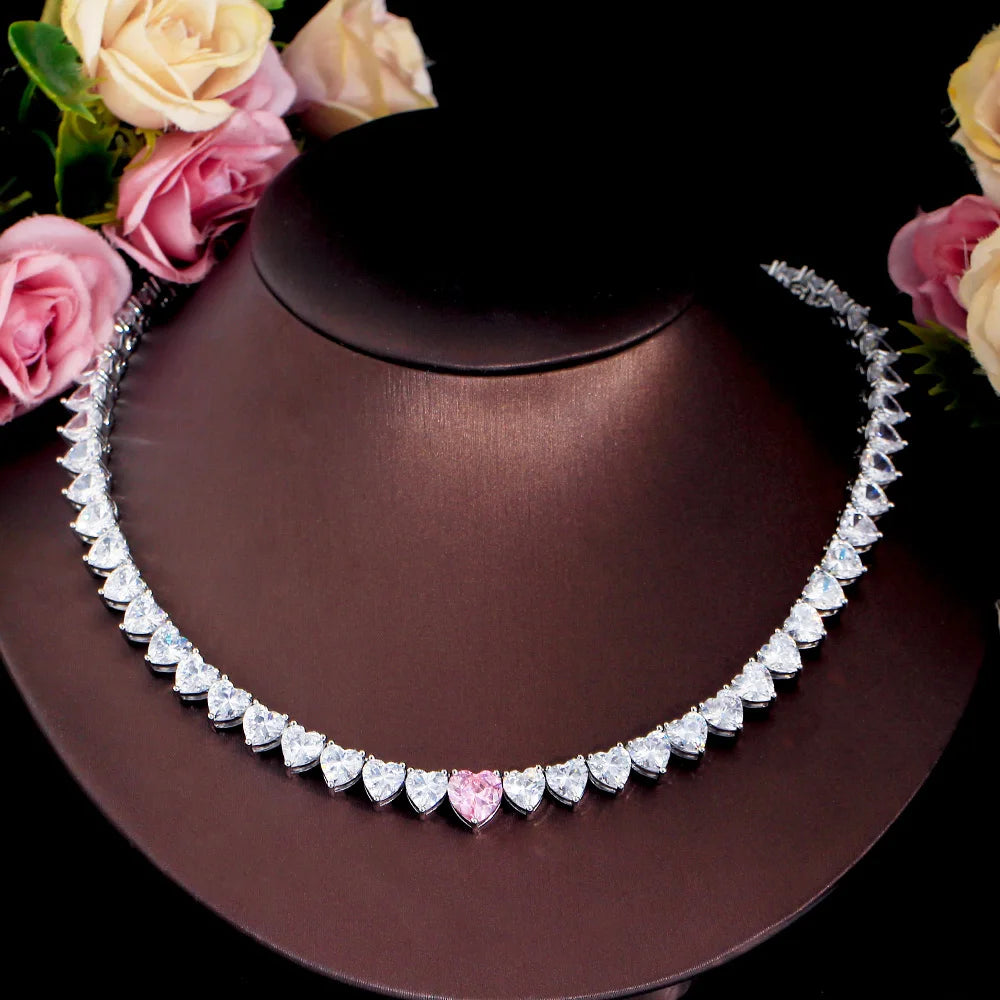 Kim Pink Heart CZ Tennis Necklace