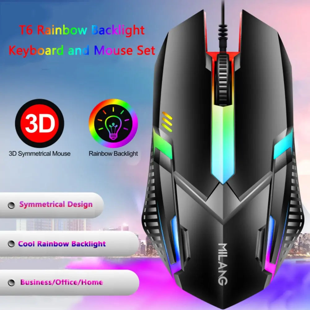 Rainbow Backlit Wired Keyboard & Mouse Combo – Comfortable Office Set
